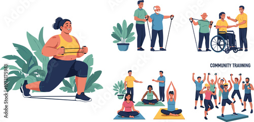 Inclusive Community Fitness Illustration Set Featuring Resistance Band Workout, Senior Training Support, Wheelchair Exercise, Yoga Meditation, and Group Workout Activities
