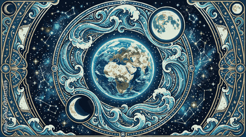 A stunning vector illustration of the Earth surrounded by celestial elements and ornate designs in shades of blue and gold.