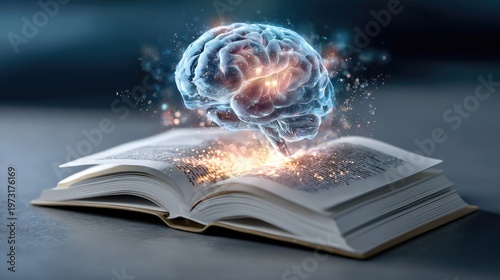 Creative Representation of Knowledge and Imagination with a Brain Emanating Light Above an Open Book, Symbolizing the Power of Learning and Ideas Through Reading
