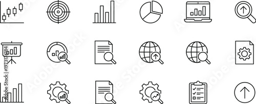Minimalist thin line data analytics SEO strategy outline icons, financial bar chart growth, market research report, vector graphic illustration set