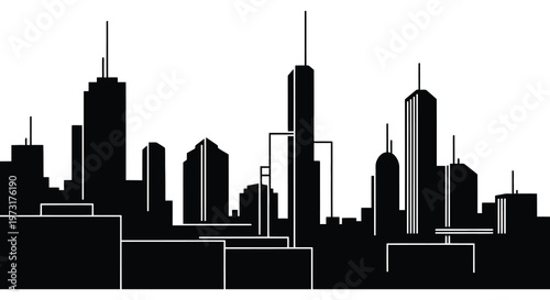 A stark black cityscape featuring numerous high rise buildings against a white background creating a dramatic silhouette high quality professional detailed modern