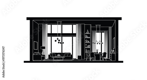 A modern living and dining room interior is depicted in a striking black and white illustration silhouette high quality professional detailed