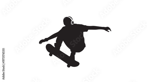 Skateboarder Silhouette with Headphones Vector Illustration for Urban Youth Culture and Extreme Sport Music Concepts