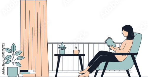 A young woman enjoys a quiet moment reading a book by the window on a comfortable armchair with a plant and coffee nearby, conveying a sense of relaxation and leisure in her home