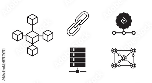 Blockchain Technology Icon Set with Decentralized Network and Server Elements