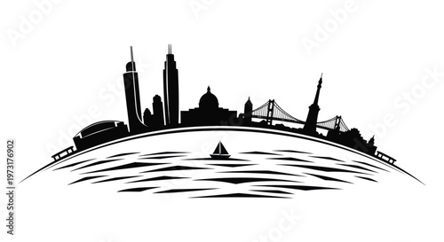 A dramatic black and white skyline illustration of a city and bay featuring a distinctive silhouette high quality professional detailed modern