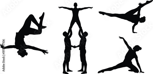 Black silhouette set of gymnasts and acrobats performing professional stunts balancing and athletic poses isolated on white background for sports