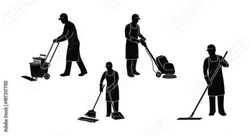 A group of workers performing various cleaning tasks are shown in a stark black silhouette high quality professional detailed modern elegant