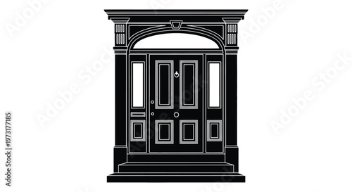 A detailed black and white illustration of an ornate doorway with architectural features presented as a silhouette high quality professional modern elegant stylish