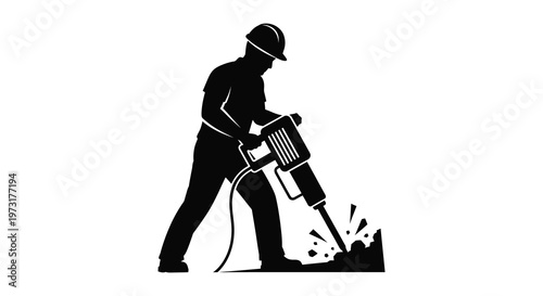 A black silhouette of a construction worker operating a jackhammer powerfully breaking ground depicted in stark contrast silhouette high quality professional