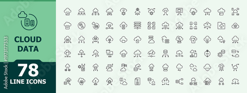 Cloud Data icon pack. Cloud Data icon set. Includes thin line symbols server, data server, database, analysis, technology, data analysis. Editable stroke. Vector collection.