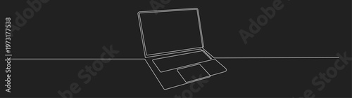 Minimalist One Line Art Drawing of Open Laptop Computer on Dark Background