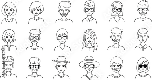 Line Art Female Character Illustration Set with Different Hairstyles, Accessories, and Expressions for Fashion, Portrait, and Cartoon Designs