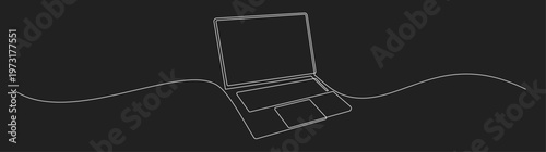 Continuous Line Drawing of a Modern Laptop Computer on a Black Background with Flowing Wavy Line
