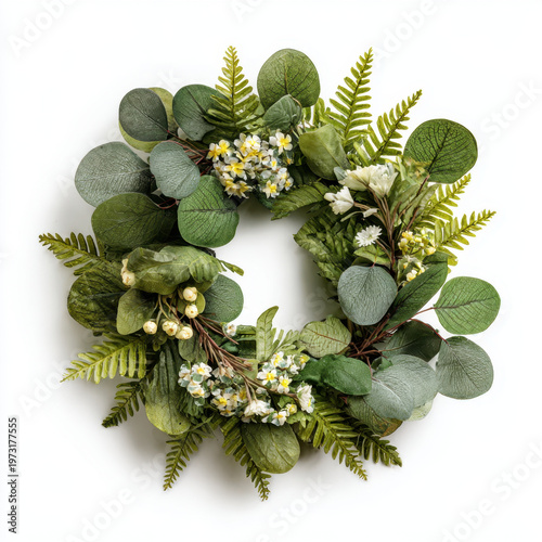 Green Eucalyptus and White Wildflower Botanical Wreath on White — Wedding Stationery Use