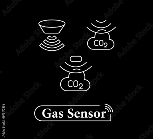 CO2 Gas Detection Sensor Icons Air Quality Monitoring Wireless Signal Industrial Safety Monoline Outline Vector. Editable Stroke.