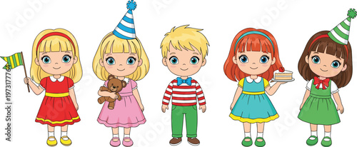 Cute cartoon children celebrating birthday party with hats, cake, gift and teddy bear in colorful festive vector illustration set isolated background
