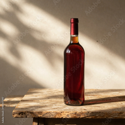 A Bottle of Fine Wine Resting on a Wooden Surface in the Sun 