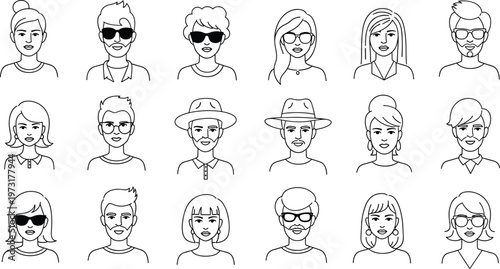 Line Art Female Portrait Illustration Set with Different Hairstyles, Sunglasses, and Accessories for Fashion, Style, and Portrait Designs