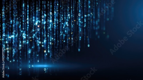 Futuristic Abstract Digital Background with Flowing Binary Code and Glowing Particles in Blue and Black Color Scheme for Technology and Data Visuals