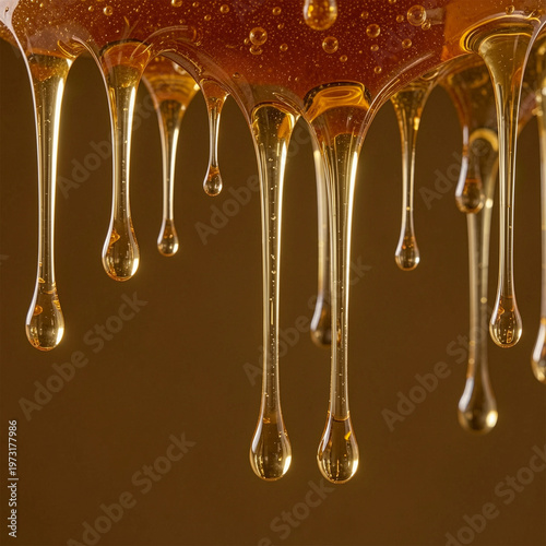golden, thick honey dripping down, forming viscous droplet
