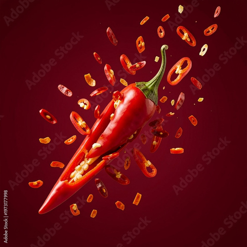 Fresh red chilli peppers and cross sections of chilli pepper with seeds floating in the air