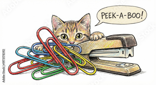 Playful, curious tabby kitten peeks from behind stapler and colorful paper clips. Charming illustration captures pet mischievous spirit