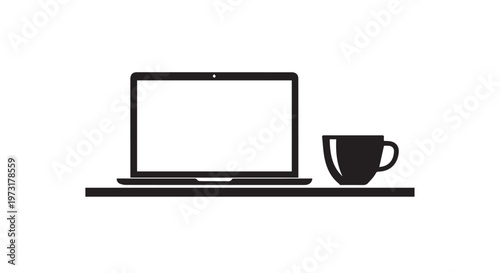 Laptop and Coffee Cup Icon Representing Workspace and Freelance Lifestyle