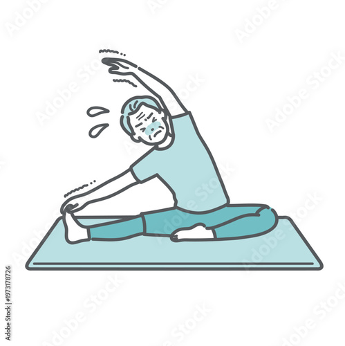 体が硬く辛そうに体側ストレッチをするシニア男性のイラスト