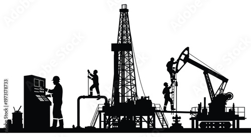 An oil rig operation is depicted with workers at controls and on the structure all in black silhouette high quality professional