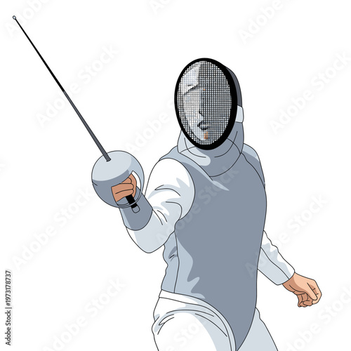 Fencer in action, holding foil, ready for combat, white background