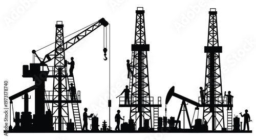 A detailed black silhouette depicts an oil field with derricks workers and machinery against a white background silhouette high quality professional