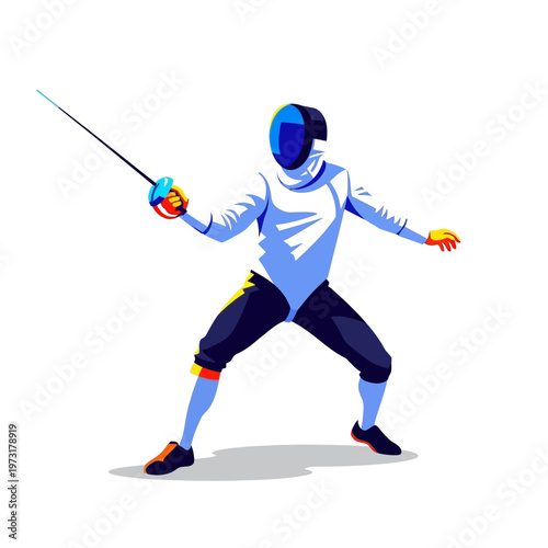 Fencer in action, holding sword, ready to attack, dynamic pose, sport illustration
