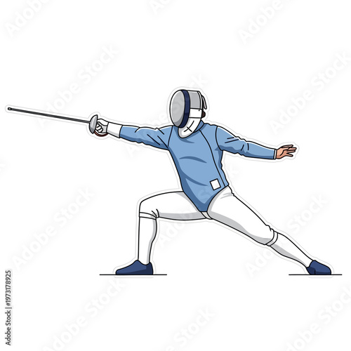 Fencer in action, lunging with foil, protective gear, blue uniform, white pants, athletic stance