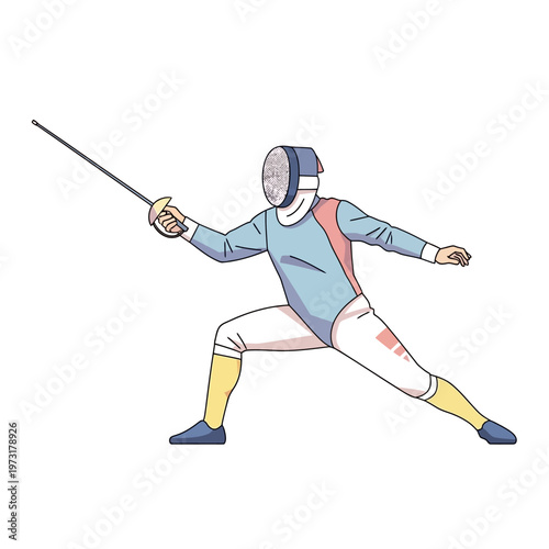 Fencer in action, lunging with foil, isolated on white background