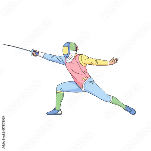 Fencer in action, lunging forward with foil sword, dynamic pose, sports illustration
