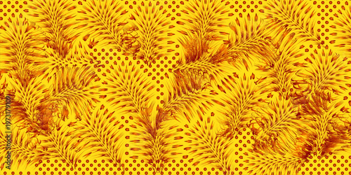 Seamless Pattern with Golden Feather-Like Foliage and Polka Dots on Yellow Background