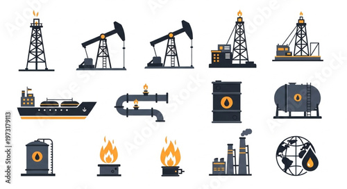 Oil and Gas Industry Icons - Extraction, Transportation, and Processing.