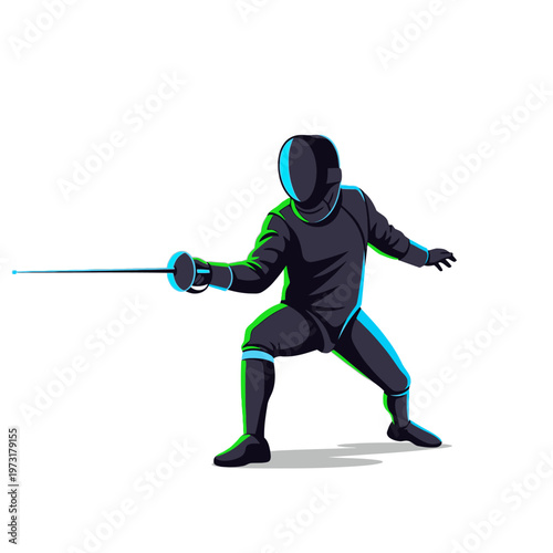 Fencer in black uniform with foil, ready for combat, dynamic pose, white background