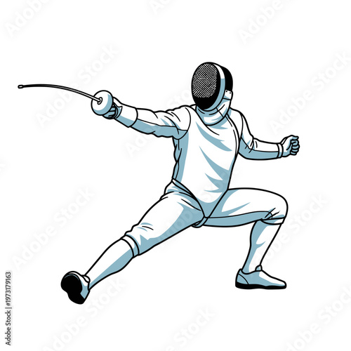 Fencer in action, white uniform, dynamic pose, sword extended forward, isolated on white