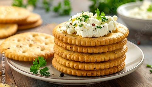 A stack of crackers with white spread and herbs on a plate