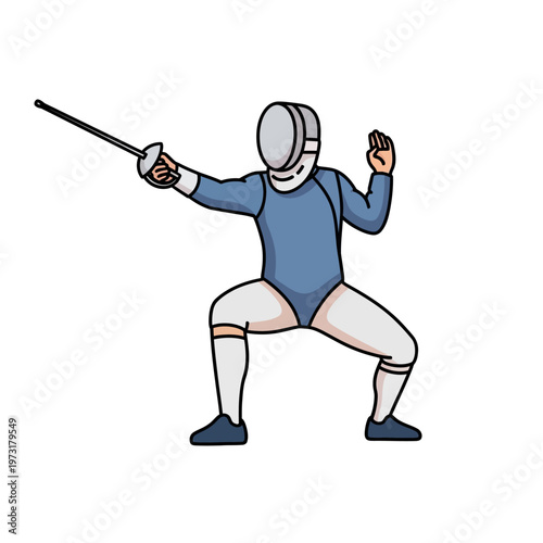Fencer in protective gear lunging with sword, athletic competition, sport illustration