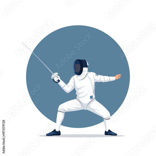 Fencer in white uniform and mask with sword, dynamic pose, blue circle background
