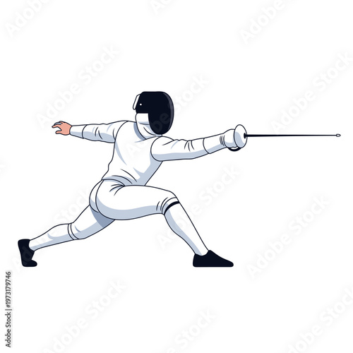 Fencer in white uniform lunging forward with sword, isolated on white background.
