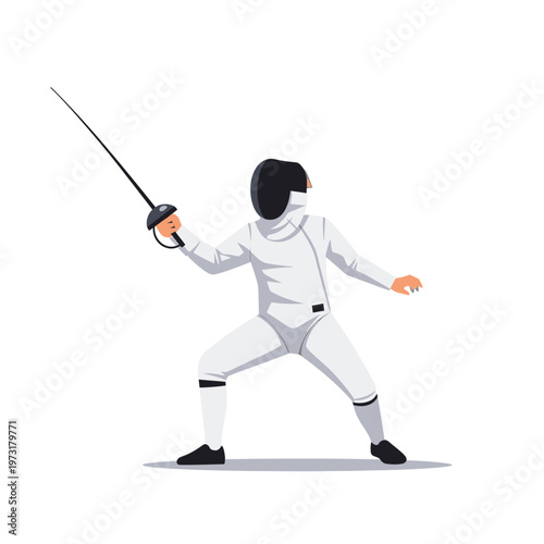 Fencer in white uniform with mask and foil sword in attack pose, isolated on white background