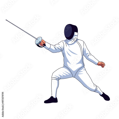 Fencer in white uniform lunging with foil sword, athletic sport illustration