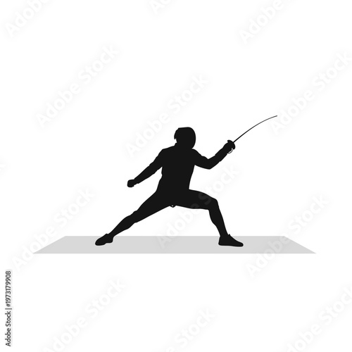 Fencer Silhouette in Attack Pose with Sword on White Background