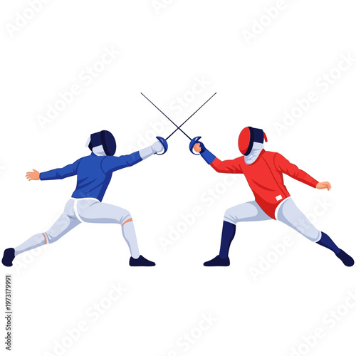 Fencers in action, red vs blue, competitive sport, fencing duel, athletic combat, sword fight