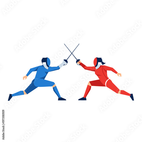 Fencing duel between two athletes in blue and red sportswear, isolated on white background.
