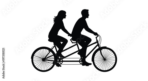 A couple joyfully rides a tandem bicycle together depicted as a striking black silhouette high quality professional detailed modern elegant stylish